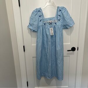 NWT HVN XXL Blue Gingham Cherry Embroidery Throw Over Beach Dress Cotton